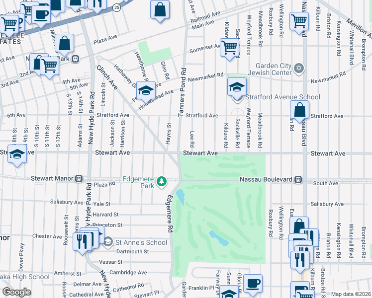 map of restaurants, bars, coffee shops, grocery stores, and more near 153 Stewart Avenue in Garden City