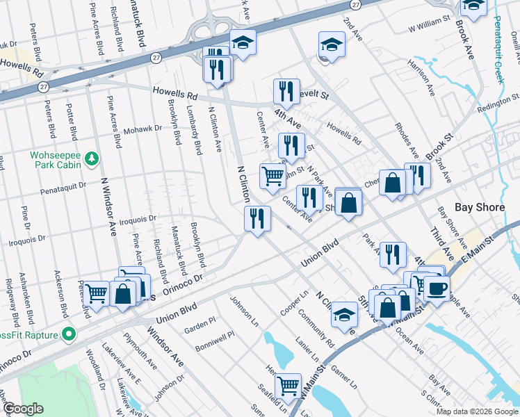 map of restaurants, bars, coffee shops, grocery stores, and more near 124b 5th Avenue in Bay Shore