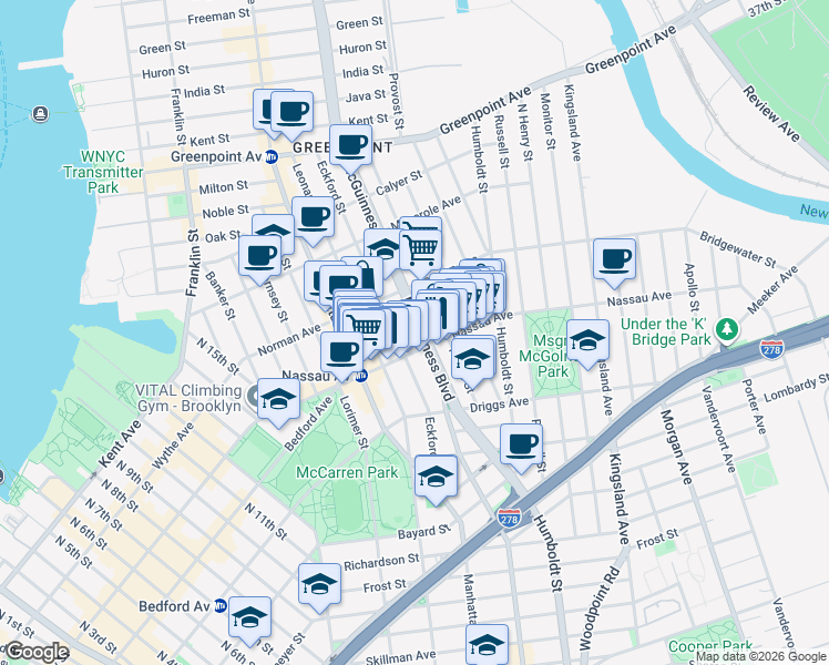 map of restaurants, bars, coffee shops, grocery stores, and more near 115 A Nassau Avenue in Brooklyn