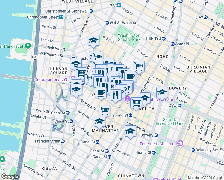 map of restaurants, bars, coffee shops, grocery stores, and more near 112 Prince Street in New York