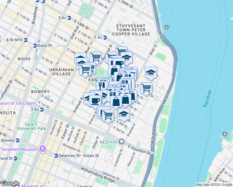 map of restaurants, bars, coffee shops, grocery stores, and more near 308 East 8th Street in New York