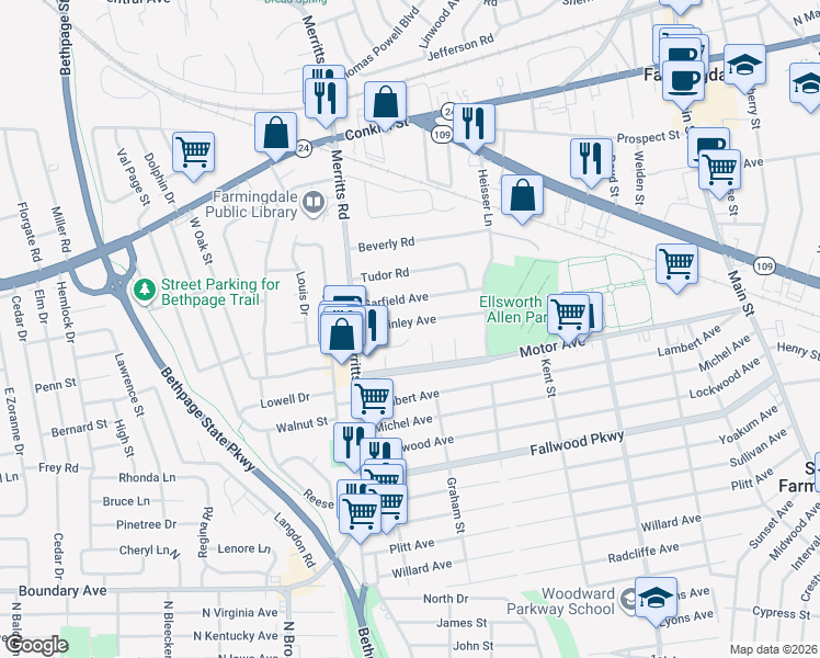 map of restaurants, bars, coffee shops, grocery stores, and more near 22 McKinley Avenue in Farmingdale