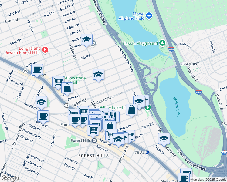 map of restaurants, bars, coffee shops, grocery stores, and more near 110-24 69th Road in Queens