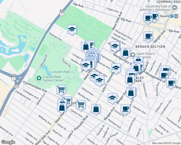 map of restaurants, bars, coffee shops, grocery stores, and more near 720 West Side Avenue in Jersey City