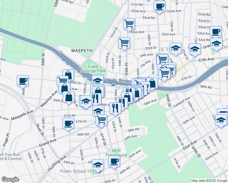map of restaurants, bars, coffee shops, grocery stores, and more near 55-70 64th Street in Queens