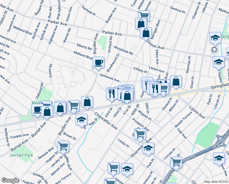 map of restaurants, bars, coffee shops, grocery stores, and more near 35 Becker Terrace in Irvington