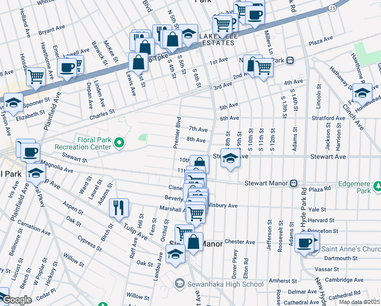 map of restaurants, bars, coffee shops, grocery stores, and more near 620 Stewart Avenue in New Hyde Park