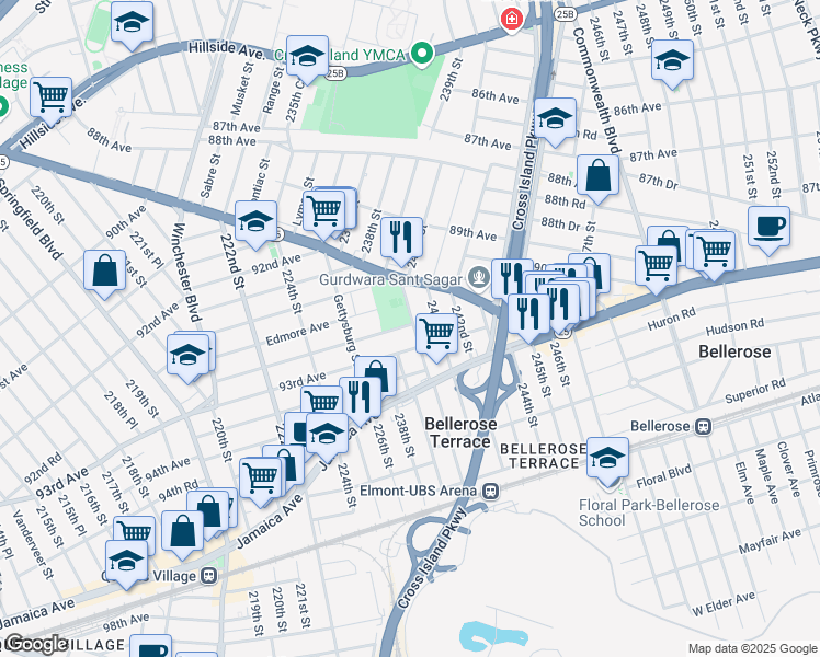 map of restaurants, bars, coffee shops, grocery stores, and more near 52 240th Street in Queens