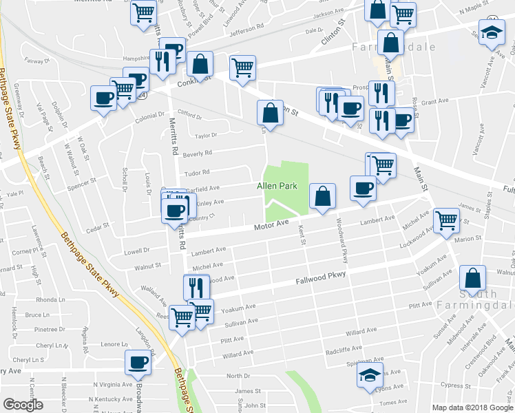 map of restaurants, bars, coffee shops, grocery stores, and more near 78 Heisser Lane in Farmingdale
