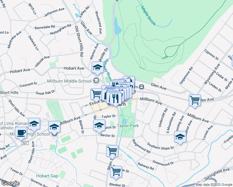 map of restaurants, bars, coffee shops, grocery stores, and more near 26 Main Street in Essex County