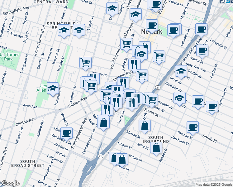 map of restaurants, bars, coffee shops, grocery stores, and more near 14 South Street in Newark