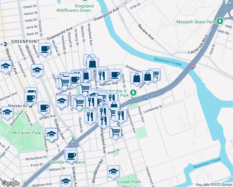 map of restaurants, bars, coffee shops, grocery stores, and more near 43 Hausman Street in Brooklyn