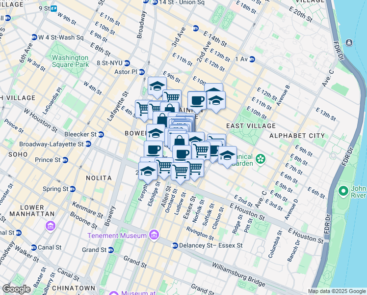 map of restaurants, bars, coffee shops, grocery stores, and more near 57 1st Avenue in New York