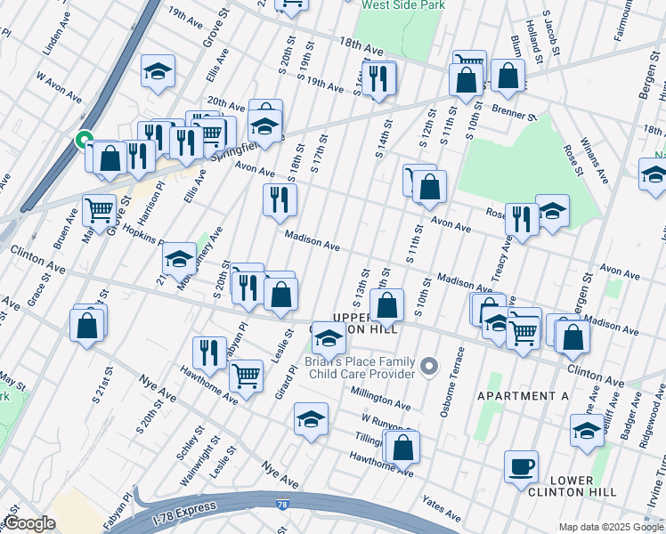 map of restaurants, bars, coffee shops, grocery stores, and more near 844 S 15th St in Newark