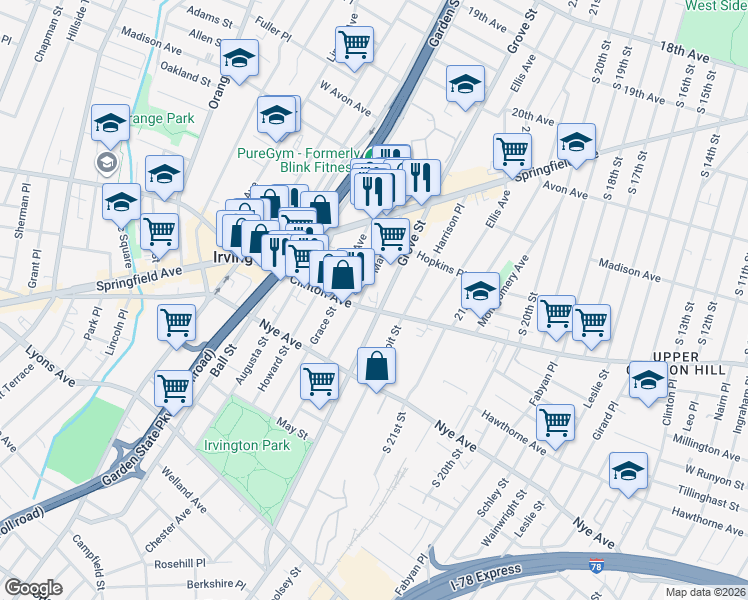 map of restaurants, bars, coffee shops, grocery stores, and more near 995 Clinton Avenue in Irvington