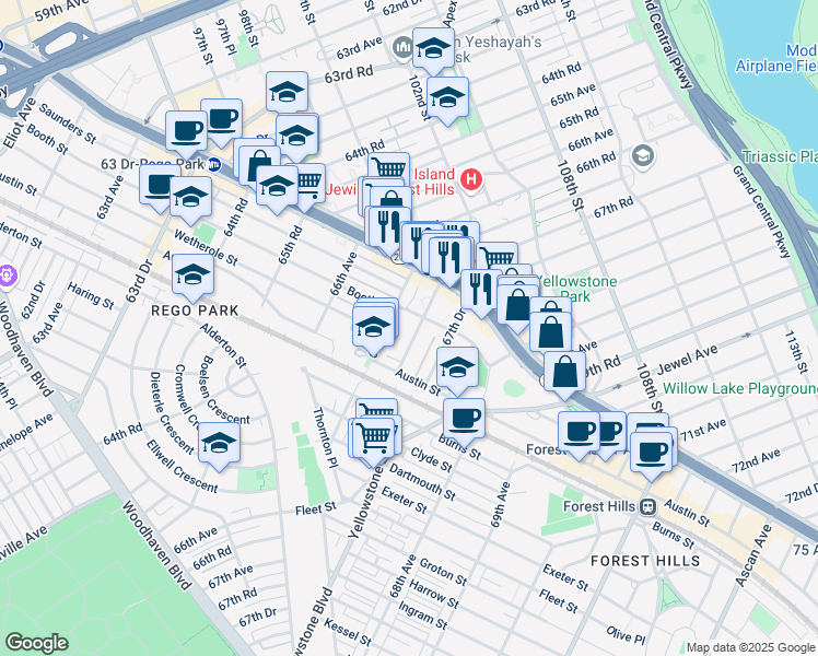 map of restaurants, bars, coffee shops, grocery stores, and more near 9945 67th Road in Queens