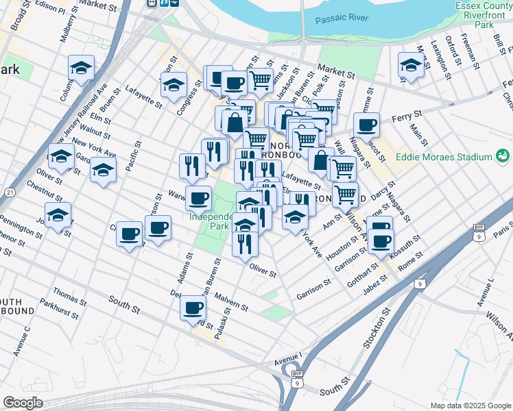 map of restaurants, bars, coffee shops, grocery stores, and more near 257 New York Avenue in Newark