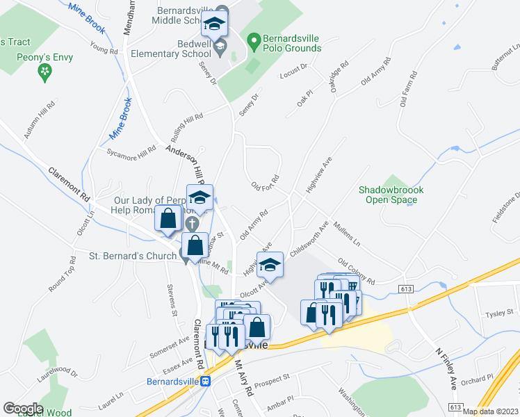 map of restaurants, bars, coffee shops, grocery stores, and more near 32 Old Army Road in Bernardsville