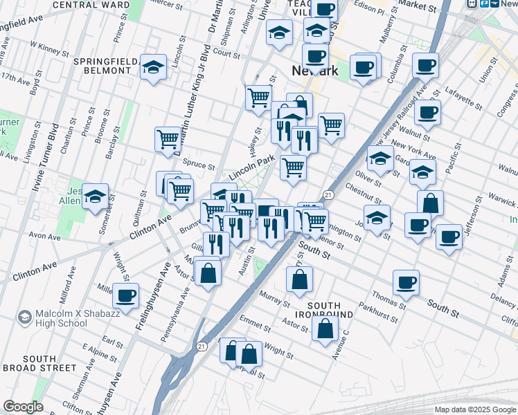 map of restaurants, bars, coffee shops, grocery stores, and more near 6 Tichenor Street in Newark