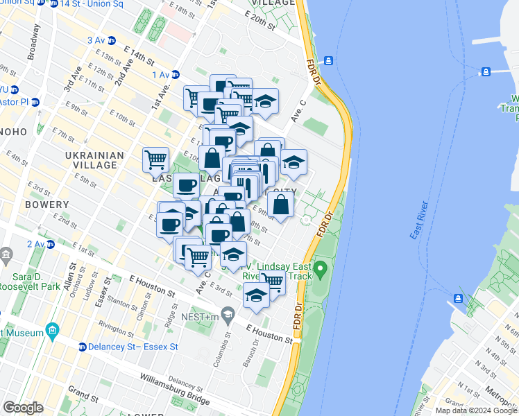 map of restaurants, bars, coffee shops, grocery stores, and more near 717 East 9th Street in New York