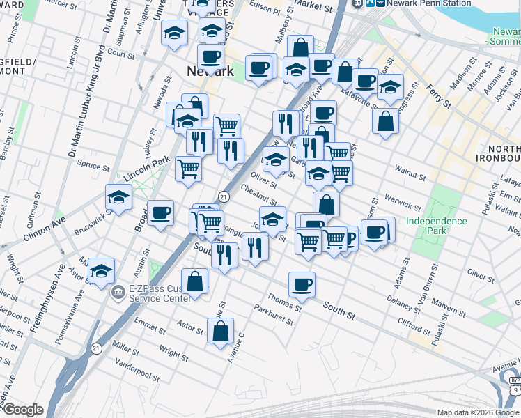 map of restaurants, bars, coffee shops, grocery stores, and more near 29 Vesey Street in Newark