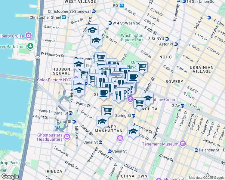 map of restaurants, bars, coffee shops, grocery stores, and more near 120 Wooster Street in New York