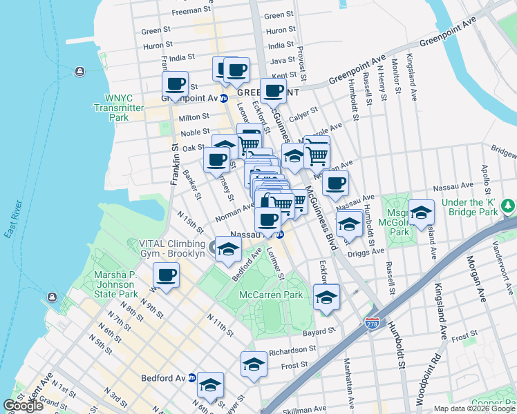 map of restaurants, bars, coffee shops, grocery stores, and more near 680 Manhattan Avenue in Brooklyn