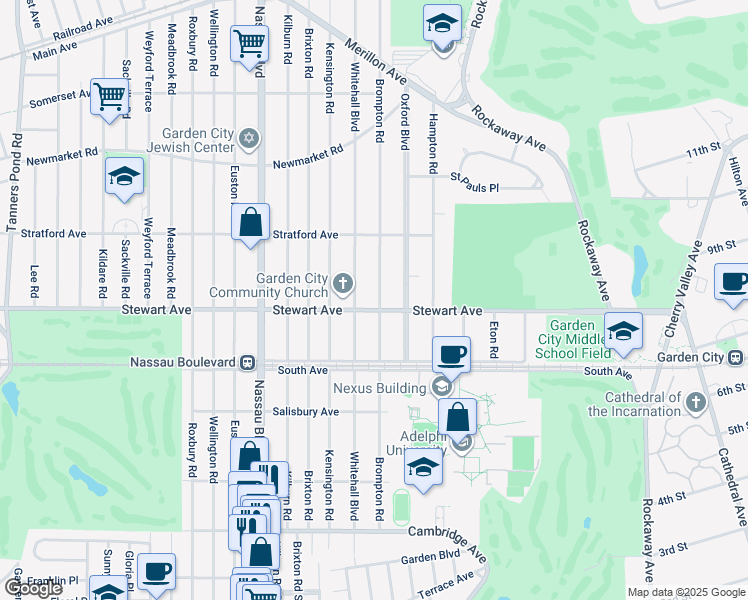 map of restaurants, bars, coffee shops, grocery stores, and more near 100 Brompton Road in Garden City