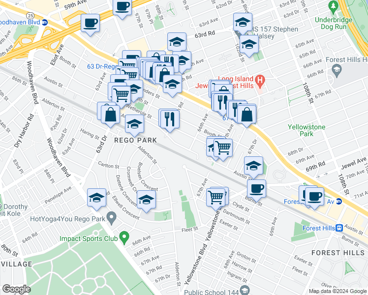 map of restaurants, bars, coffee shops, grocery stores, and more near 65-84 Austin St in Rego Park