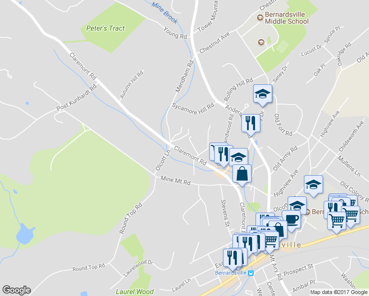 map of restaurants, bars, coffee shops, grocery stores, and more near 159 Claremont Road in Bernardsville