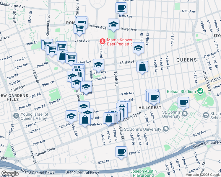 map of restaurants, bars, coffee shops, grocery stores, and more near 162-17 76th Road in Queens