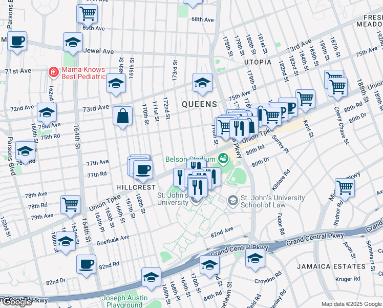 map of restaurants, bars, coffee shops, grocery stores, and more near 76-58 174th Street in Queens