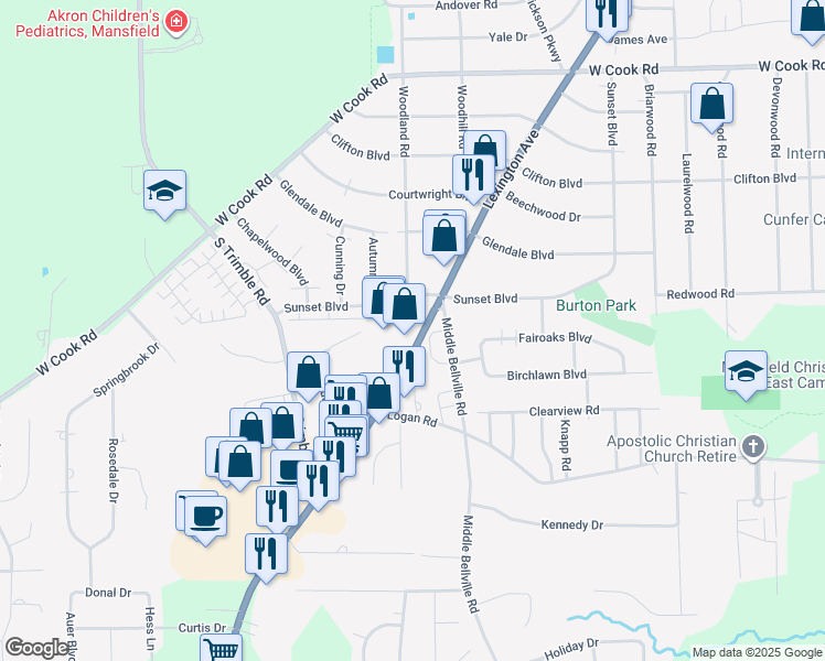 map of restaurants, bars, coffee shops, grocery stores, and more near 1230 Lexington Avenue in Mansfield