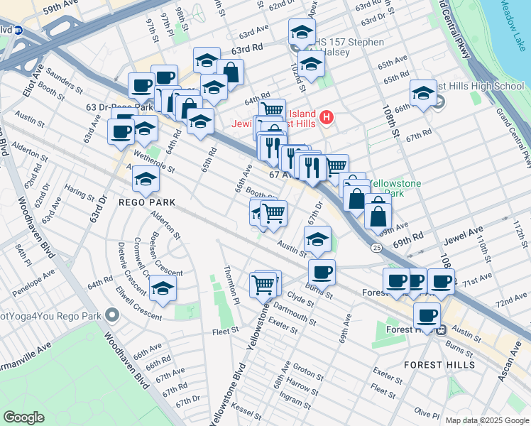 map of restaurants, bars, coffee shops, grocery stores, and more near 98-27 67th Avenue in Queens