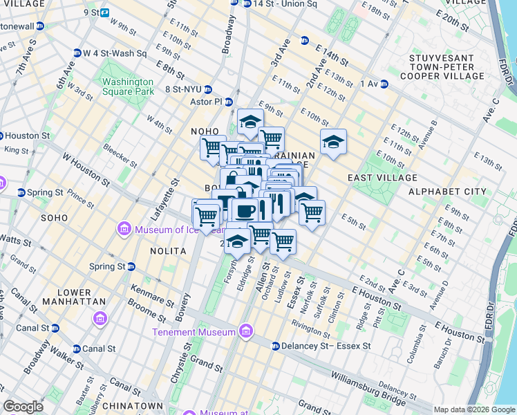 map of restaurants, bars, coffee shops, grocery stores, and more near 68 East 3rd Street in New York