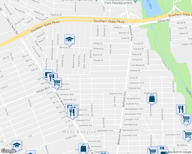 map of restaurants, bars, coffee shops, grocery stores, and more near 187 Silver Street in West Babylon