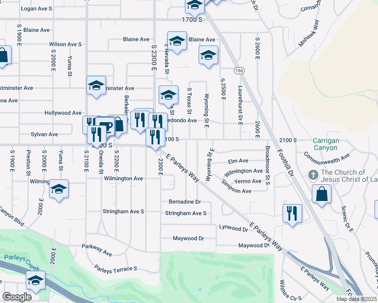 map of restaurants, bars, coffee shops, grocery stores, and more near 2131 Texas Street in Salt Lake City