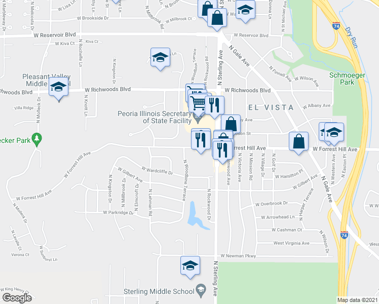 map of restaurants, bars, coffee shops, grocery stores, and more near 2612 West Forrest Hill Avenue in Peoria