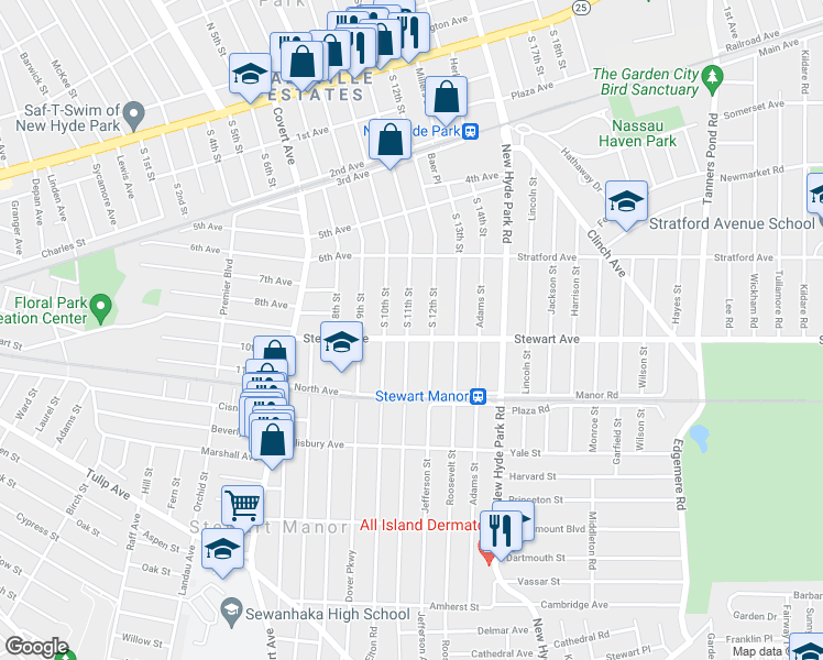 map of restaurants, bars, coffee shops, grocery stores, and more near 61 Stewart Avenue in Stewart Manor