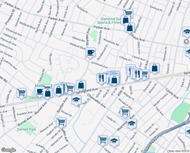 map of restaurants, bars, coffee shops, grocery stores, and more near 40B Meadowbrook Place in Maplewood
