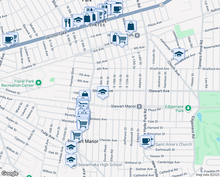 map of restaurants, bars, coffee shops, grocery stores, and more near 43 Stewart Avenue in Stewart Manor