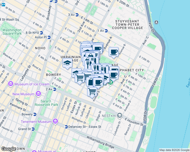 map of restaurants, bars, coffee shops, grocery stores, and more near 518 East 6th Street in New York