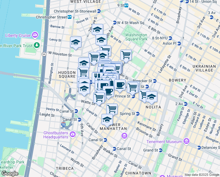 map of restaurants, bars, coffee shops, grocery stores, and more near 423 West Broadway in New York
