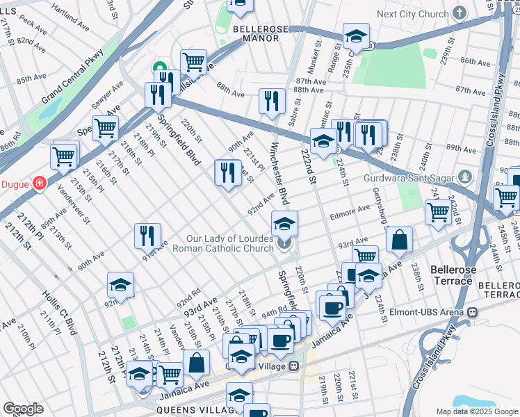 map of restaurants, bars, coffee shops, grocery stores, and more near 91-48 220th Street in Queens