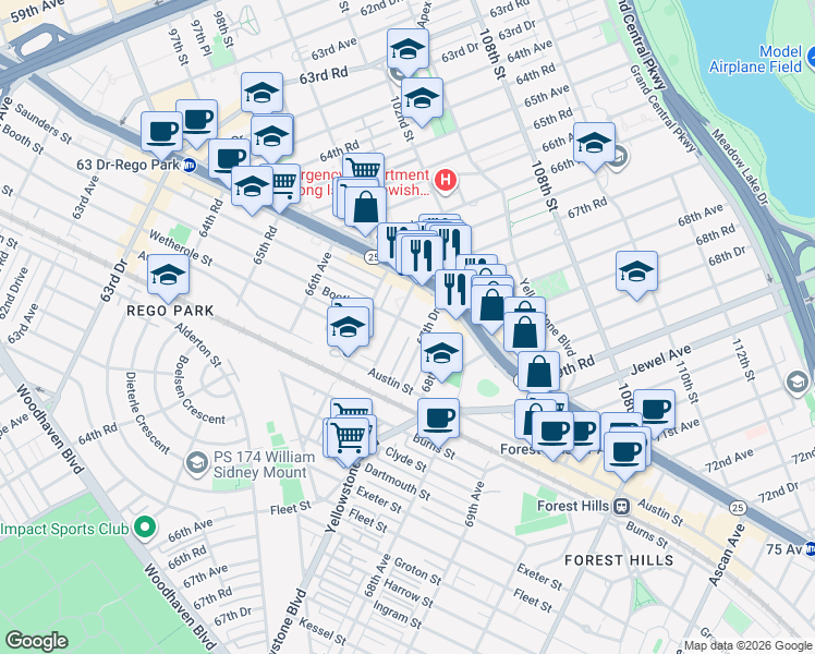map of restaurants, bars, coffee shops, grocery stores, and more near 67-50 Booth Street in Queens