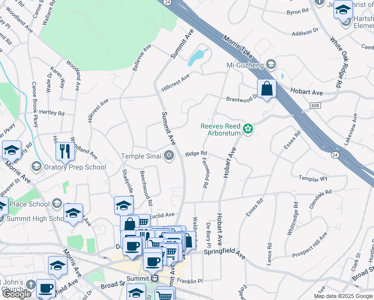 map of restaurants, bars, coffee shops, grocery stores, and more near 37 Ridge Rd in Summit