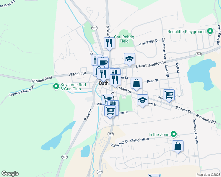 map of restaurants, bars, coffee shops, grocery stores, and more near 208 South Walnut Street in Bath