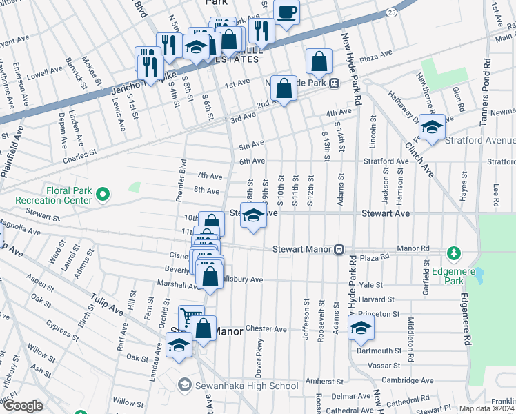 map of restaurants, bars, coffee shops, grocery stores, and more near 29 Stewart Avenue in Stewart Manor