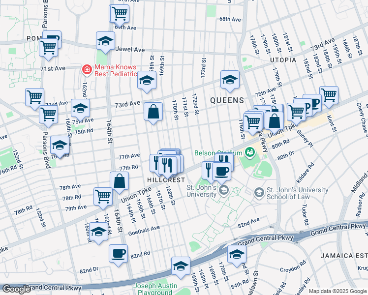 map of restaurants, bars, coffee shops, grocery stores, and more near 170-8 77th Road in Queens