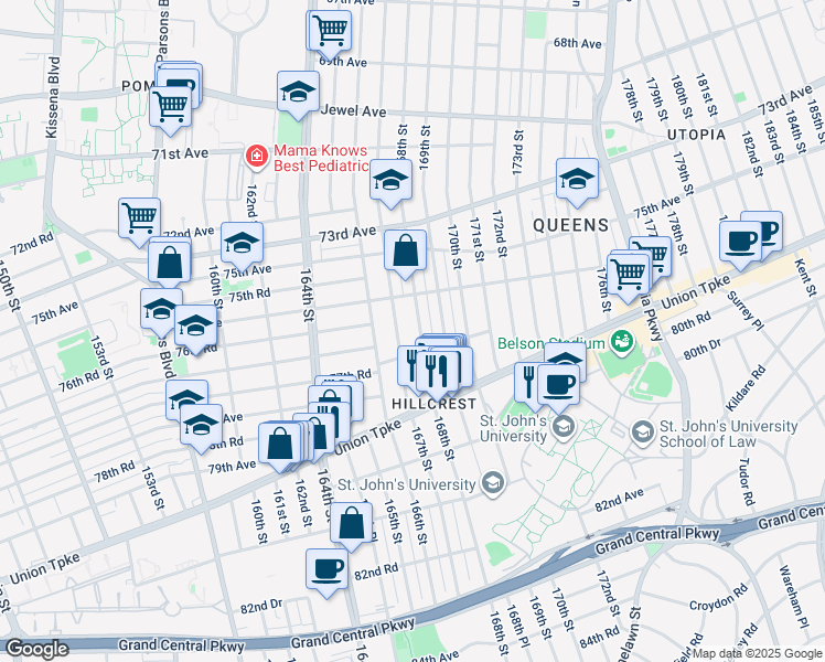 map of restaurants, bars, coffee shops, grocery stores, and more near 76-41 167th Street in Queens